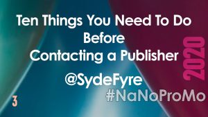 10 Things You Need To Do Before Contacting a Publisher by Guest @SydeFyre #publisher #publishing #authors #NaNoProMo